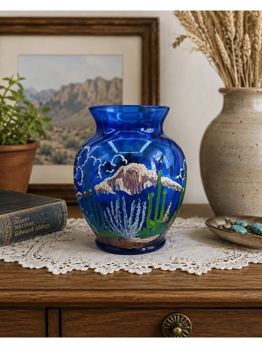 Vintage Indiana Glass Illusions Cobalt Blue Handpainted Desert Vase 5.5